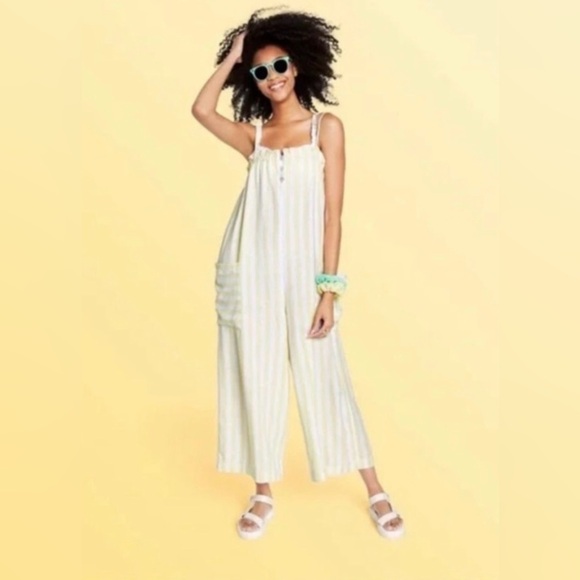 Stoney Clover Lane Pants - Stoney Clover Lane Yellow Stripe Linen Wide Leg Jumpsuit S
